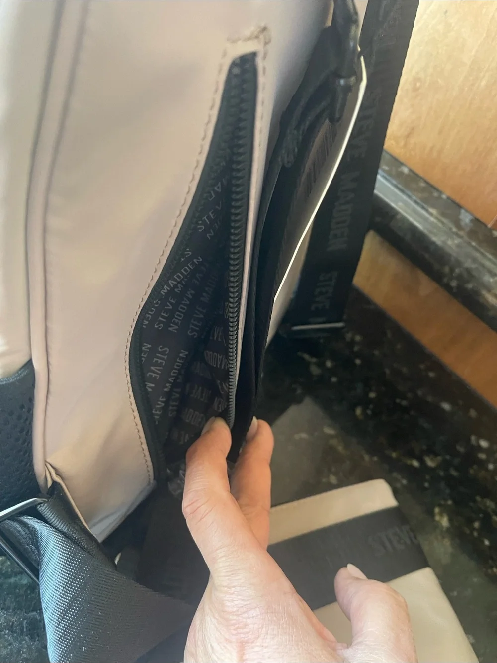 Steve Madden Beige Backpack with Black Logo and Pouch